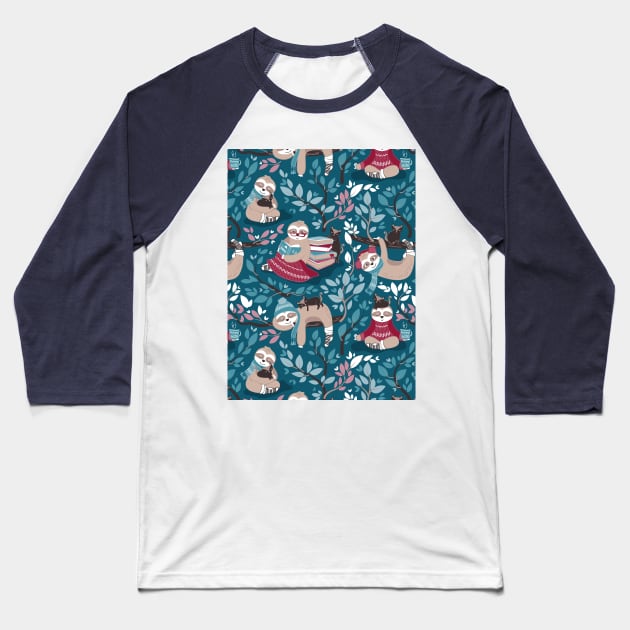 Hygge sloth // pattern // teal and red Baseball T-Shirt by SelmaCardoso
